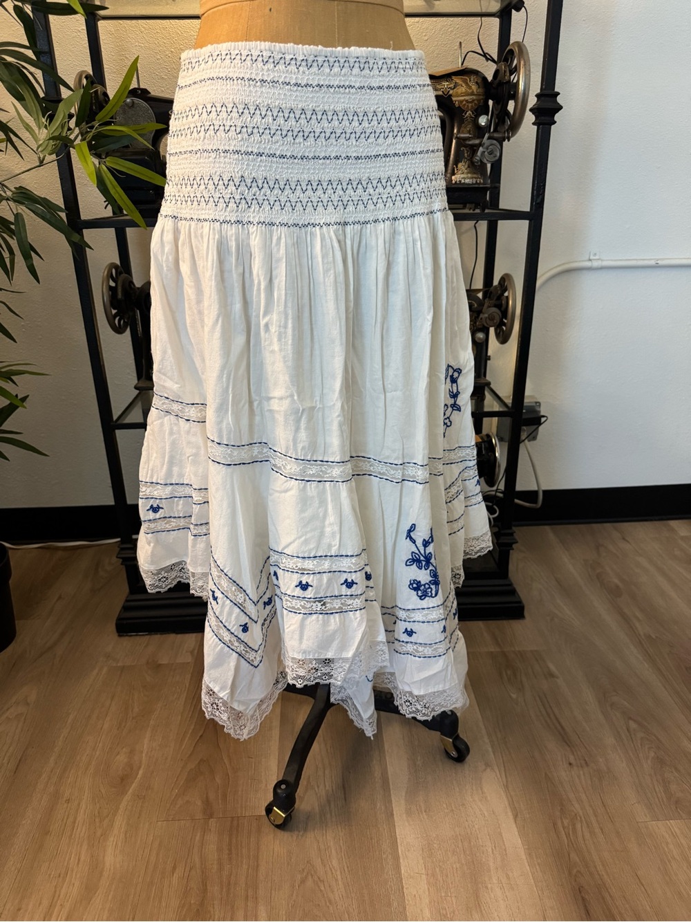 White Embroidered Tiered Maxi Skirt - Blue Detailing